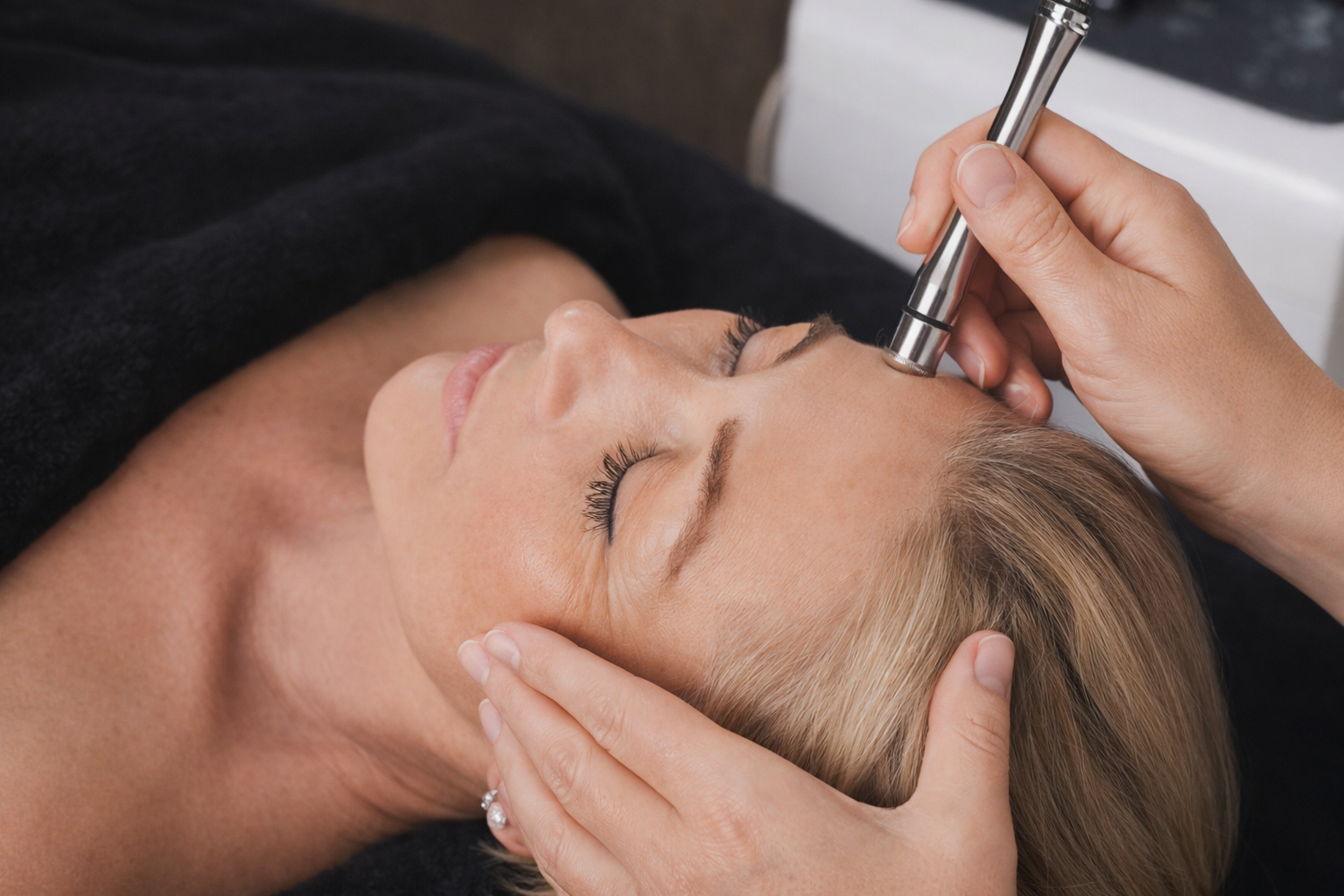 Person receiving a facial treatment with a microdermabrasion device.