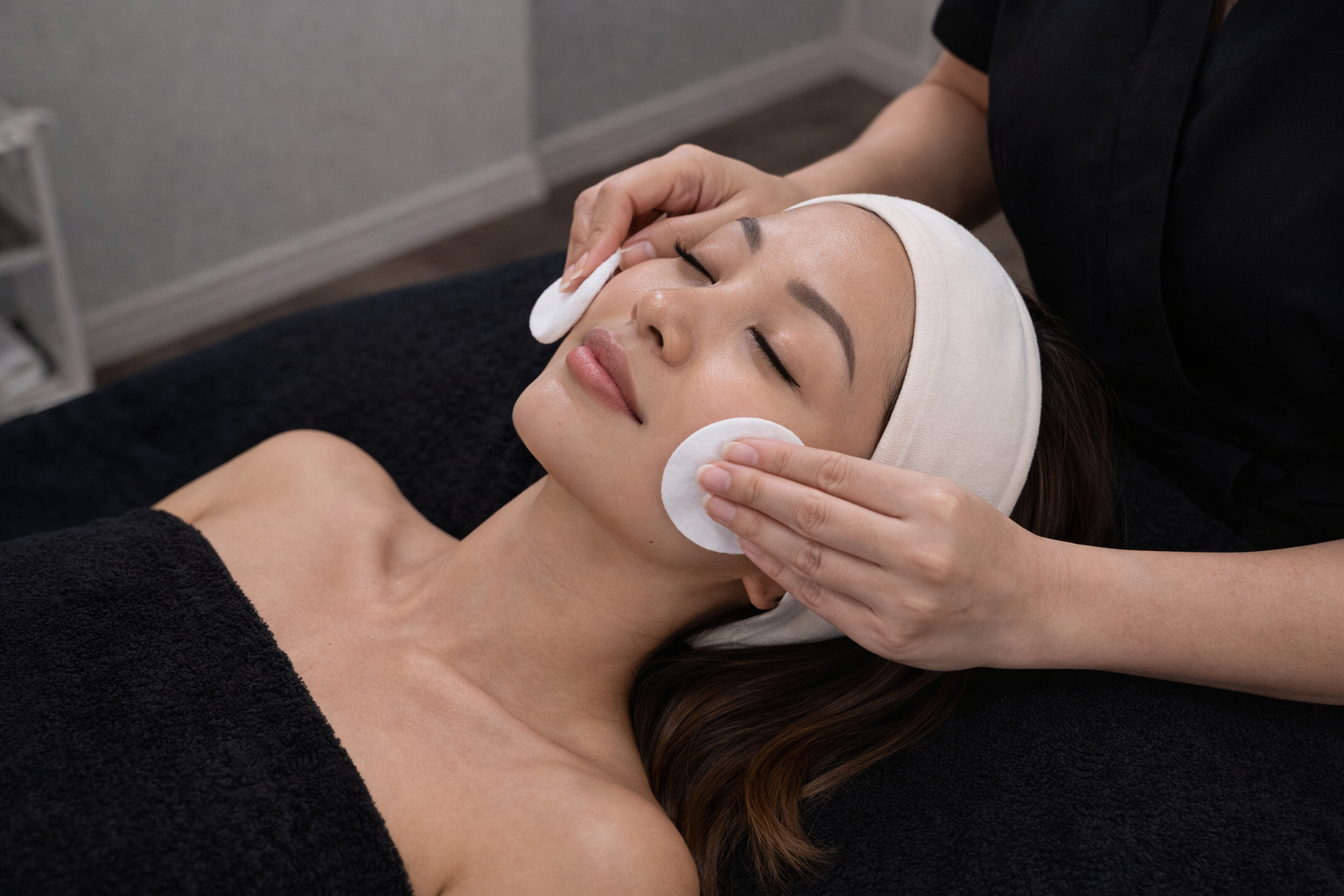 Woman receiving a facial treatment with a professional in a spa setting.